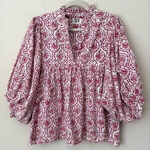 SLV Sur La Vague Boho Floral Block Print Prairie Boho Classic Blouse Top